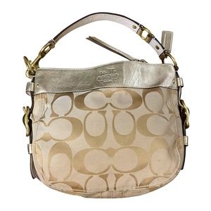 Coach Zoe F12657 Hobo Khaki Tan Signature  Shoulder Bag Gold Leather Trim Brass